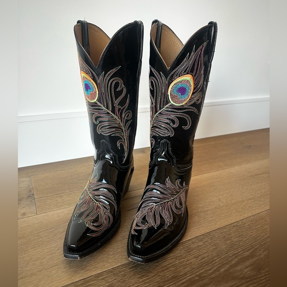 Lucchese Shoes - Lucchese Classics Patent Leather Black Peacock Embroidered Heeled Boots Size 8